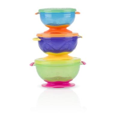 nuby stackable suction bowl with lid (pack of 3, multi-coloured) pour 21