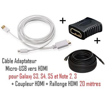audio/vidéo MHL 2 mètres + coupleur HDMi + cable HDMI 20M