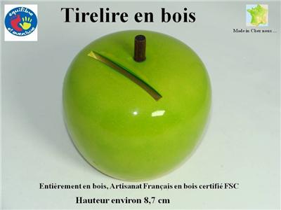 Tirelire pomme verte, artisanat Franais en bois, finition exemplaire pour 14
