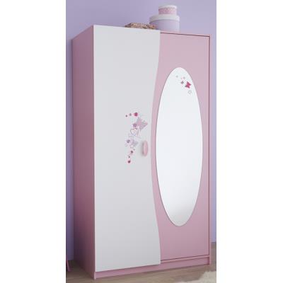 Armoire enfant 2 portes + miroir, Coloris rose orchide et blanc perle avec motif papillon, 93.3 x 182.8 x 51.5 cm -PEGANE- pour 380