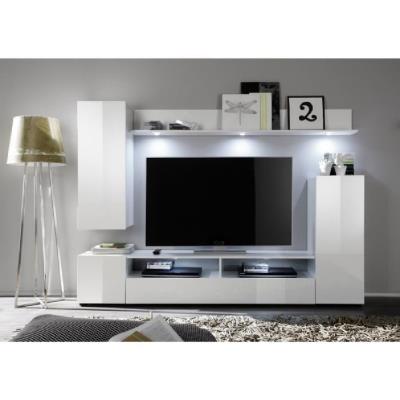 Dos meuble tv mural avec clairage led 208cm blanc brillant pour 434