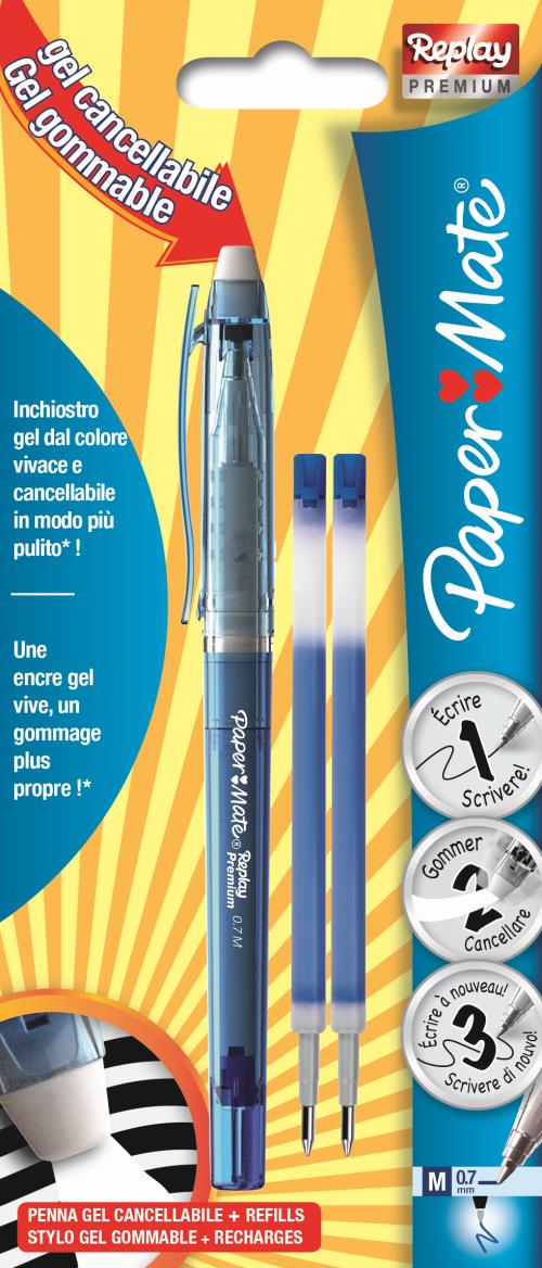 Pack stylo roller effaable Paper Mate Replay Premium + 2 recharges encre Bleu pour 6