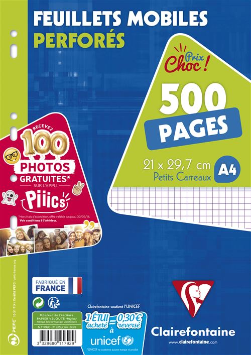 Feuillets mobiles perfors Clairefontaine A4 500 pages Quadrill 55mm pour 4