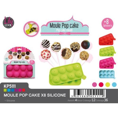 Moule  pop cakes en silicone Lily Cook pour 8 pop cakes avec 8 btonnets pour 4