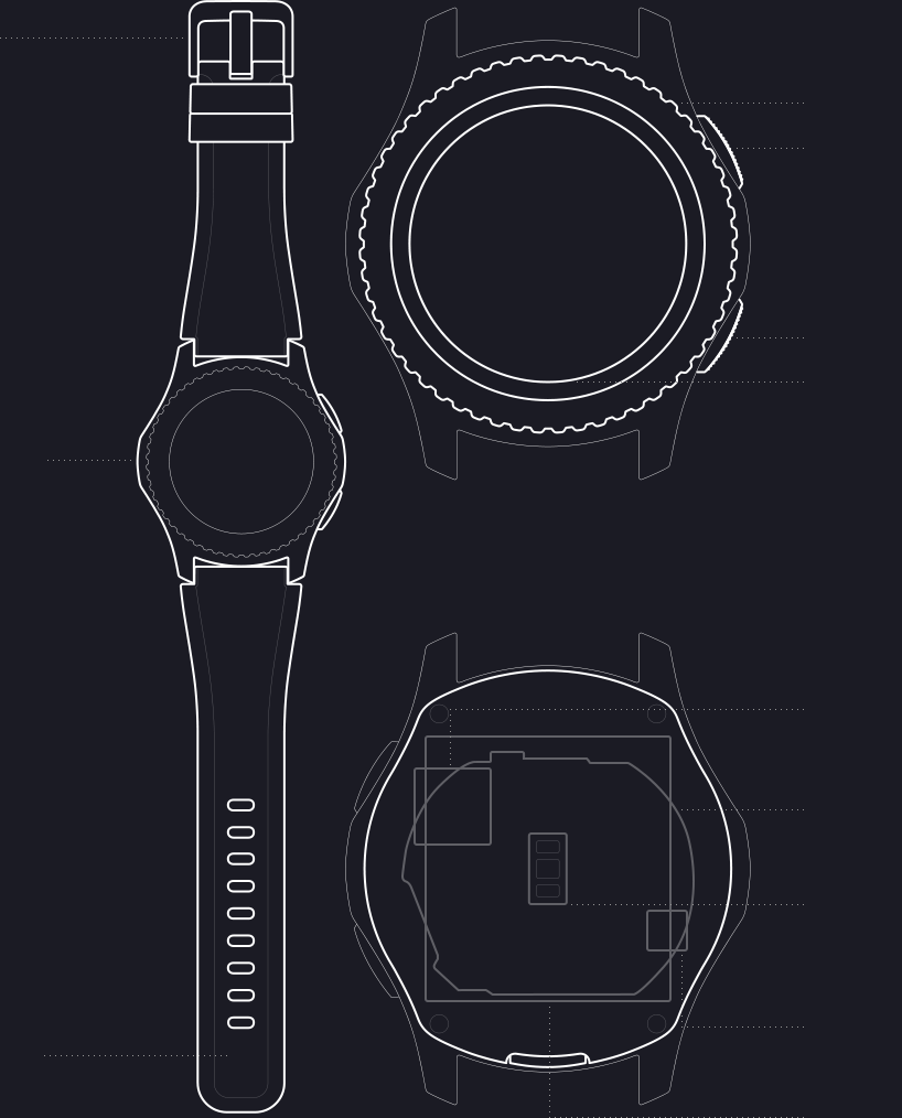 Ilustrações de um Gear S3, de um Gear S3 sem bracelete e da parte de trás do Gear S3 sem bracelete