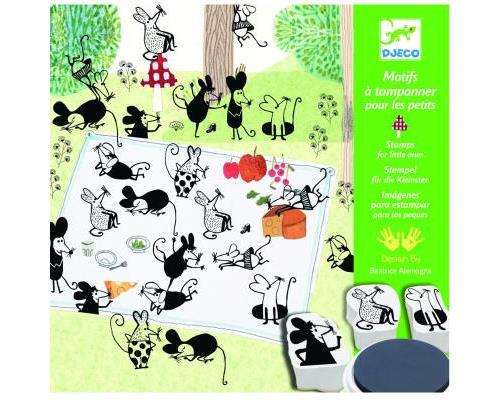 DJECO Coffret de Tampons En Visite, Animaux de la Forêt - Jeu Créatif pour Enfant, 3 à 6 ans - Stimule la créativité - 16 Cartes à Illustrer, 3 Encreurs à Encre