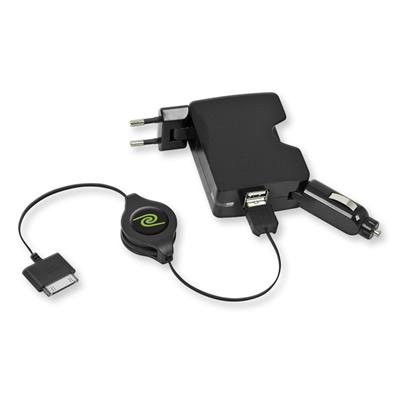 Chargeur iPad/iPhone/iPod 2.1A de voyage rétractable 4 en 1 (Secteur/Voiture/USB et deux prises USB). Charge et synchronise.Longueur: 0.98m