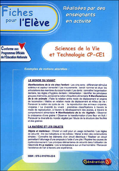 Fiches Pour L'eleve : Sciences De La Vie Et Technologie (svt) Cp-Ce1
