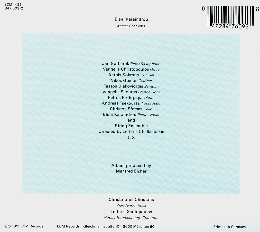 Music For Films Eleni Karaindrou Cd Album Achat Prix Fnac Track listing sample title/composer performer time stream 1 argo's voyage eleni karaindrou eleni karaindrou 1:41 rdio 2 ceremonial procession eleni. music for films