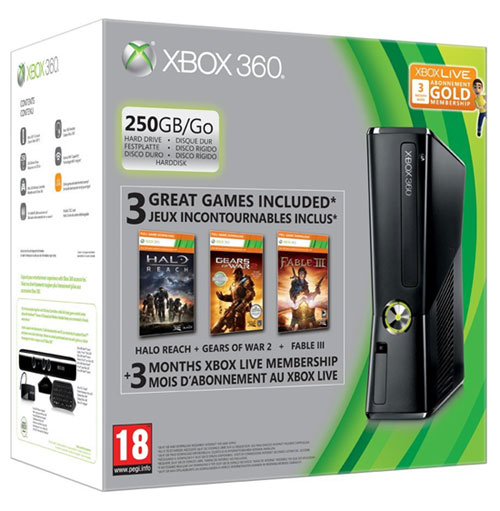 Console Xbox 360 250 Go Microsoft + Halo Reach + Gears Of War 2 + Fable 3 + 3 Mois D’Abonnement Gratuit Au Xbox Live Gold