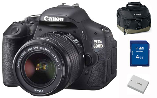 Canon EOS 600D + Obj. Canon EF-S IS 18 - 55 mm f/3.5 - 5.6 + Fourre-tout + Carte SDHC 4 Go + 2ème Batterie