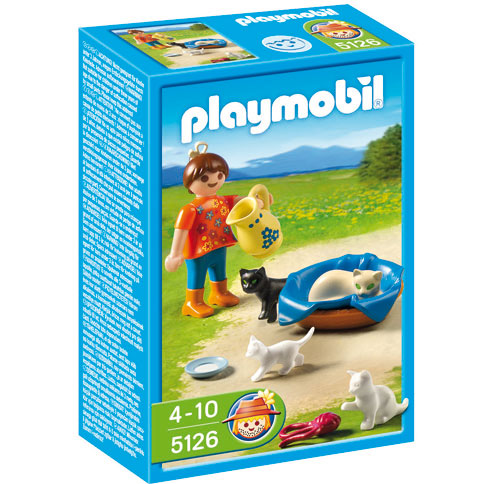 Enfant avec quatre chats Playmobil – avec gamelle, nourriture pour chat,  panier 
