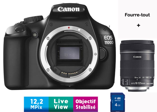 Pack Fnac : Canon EOS 1100D Noir + Obj. Canon EF-S IS 18 - 135 mm f/3.5 -  5.6 + Fourre-Tout + Carte SDHC 4 Go - Appareil photo reflex - Achat & prix  | fnac