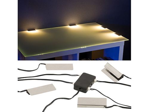 Dispositif d'éclairage pour vitrine - 4 pinces et 12 LED - blanc chaud