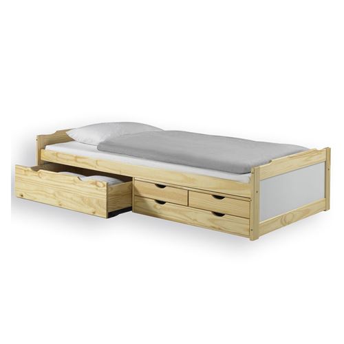 Lit fonctionnel rangements 90x200cm naturel blanc