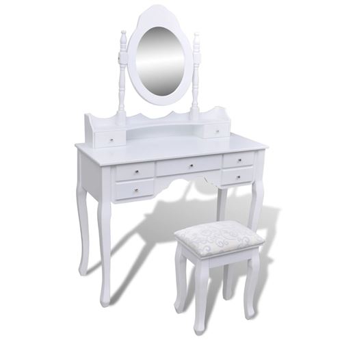 Coiffeuse blanche 7 tiroirs avec 1 miroir et 1 tabouret