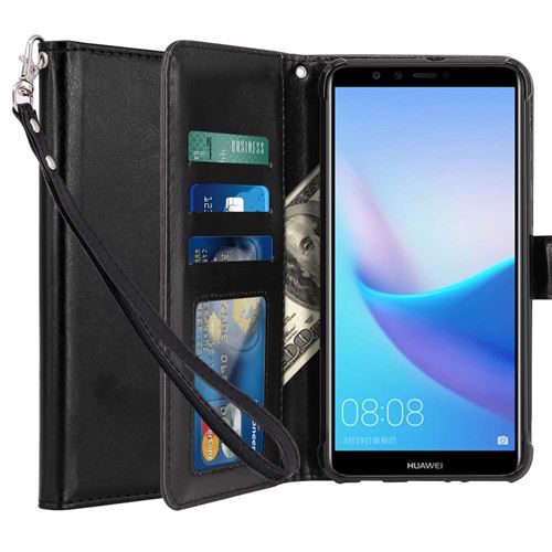 Huawey Y9 2018 – Enjoy 8 Plus Housse Coque Etui de luxe Portefeuille Porte Carte Et Billet (avec support integré) Noir