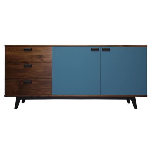 Pirotais Buffet noyer massif et laqué, 3 tiroirs 2 portes, Made in France Bleu