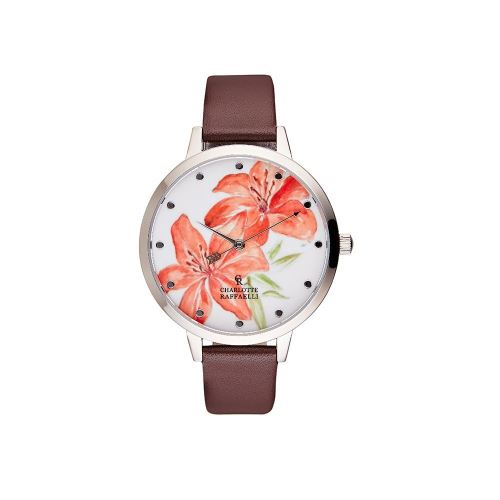 Montre Femme Charlotte Rafaelli Cadran 38mm En Acier Multicolore Et Bracelet Marron En Cuir Authentique CRF016