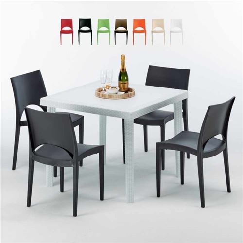 Table Carrée Blanche 90x90cm Avec 4 Chaises Colorées Grand Soleil Set Extérieur Bar Café PARIS LOVE, Couleur: Noir