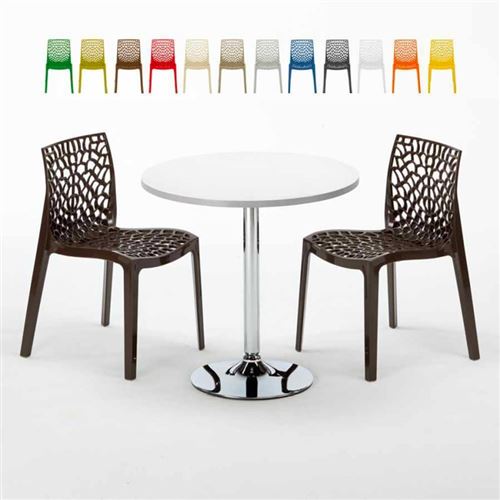 Table Ronde Blanche 70x70cm Avec 2 Chaises Colorées Grand Soleil Set Intérieur Bar Café Gruvyer LONG Island, Couleur: Marron