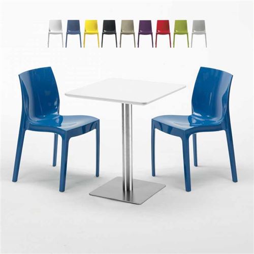Table carrée 60x60 plateau blanc avec 2 chaises colorées Ice Hazelnut, Couleur: Bleu