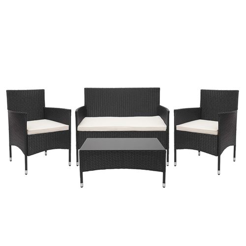 Garniture en polyrotin HWC-F55, ensemble fauteuils, banc et table, balcon/jardin ~ noir, coussins crème