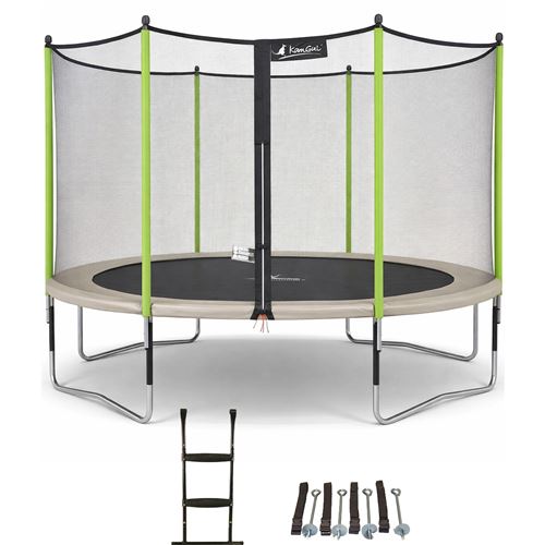 Trampoline 360 cm + filet de s&eacute;curit&eacute; + &eacute;chelle + b&acirc;che jumpi taupe/vert 360