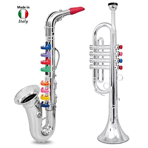 Click N Play Set of 2 Musical Wind Instruments for Kids - Metallic Silver Saxophone and Trumpet Horn