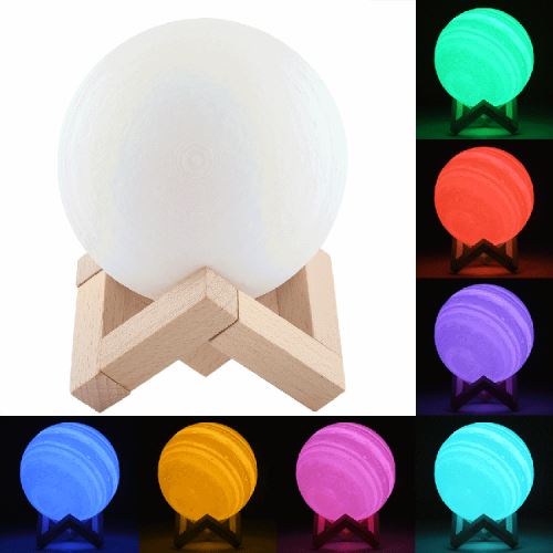 Eclairage LED Guirlande/Décoration LED Lampe d impression 3D Jupiter, Diamètre: 10cm, Recharge USB Patted 7-Color Changement de lumière à LED Éclairage à économie d énergie avec socle en bois