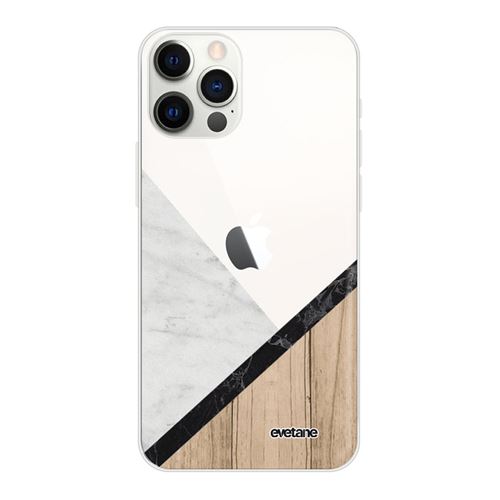 Coque pour iPhone 12/12 Pro souple transparente Marbre et Bois Graphique Motif Ecriture Tendance [Evetane®]