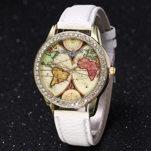 OHP Montre à bracelet Strass cuir PU analogique analogique carte du monde - blanc