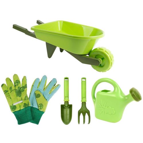 Kids In The Garden - Kit petit jardinier accessoires pour enfant en plastique Gants + petits outils + arrosoir + brouette