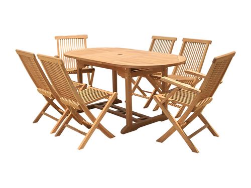 Salle à manger de jardin en teck : une table extensible L.120 / 170 cm, 2 fauteuils et 4 chaises pliantes - Naturel clair - BYBLOS II de MYLIA