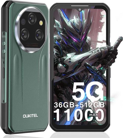OUKITEL WP39 Pro 5G 36 Go + 512 Go/2 To, Smartphone incassable 11000 mAh/33 W, Android 14, écran 6,6 FHD+, 64 MP, double SIM 5G/NFC, vert
