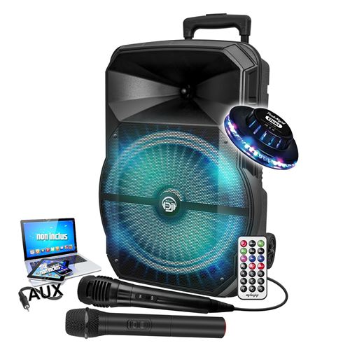 Non Communiqué Enceinte Sono Karaoké Mydj Mdj 12 Rvb À Leds, 600W 12" Usb, Bluetooth, Pc, Application Micros Vhf Et Filaire, Lumière Ovni