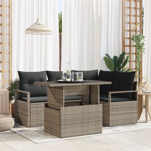 Non Communiqué Gris Ensemble De 5 Pièces De Canapés De Jardin Avec Coussins Poly Rotin, Canapé De Jardin 2 Places Avec Rangement & Coussins Gr