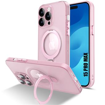 Coque pour iPhone 15 Pro Max, Protection Antichoc Rigide avec Support Anneau Magnétique et Protection Caméra - Semi-Transparent Rose - BOOLING - 1