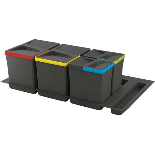 Emuca Kit de poubelles, 15 L + 15 L + 7 L + 7 L, module 900 mm, Plastique, Gris anthracite, 3 ut. + Base