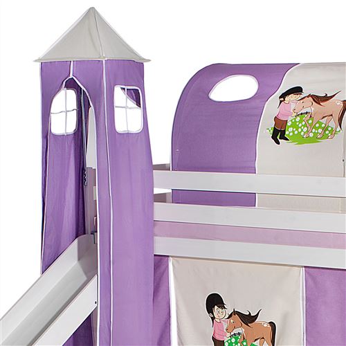 Donjon pour lit surélevé avec toboggan, motif Poney