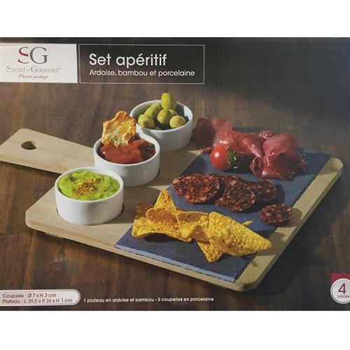 Service Aperitif 4 Pcs Plateau Coupelle 35.5 X 26 Cm Ardoise Bambou
