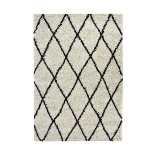 ASMA Tapis de salon Shaggy - Style berbere - 150 x 220 cm - Creme et marron - Motif géométrique