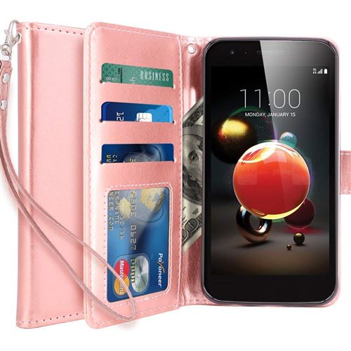 LG K8 2018 - LG Aristo 2 Housse Coque Etui de luxe Portefeuille Porte Carte Et Billet (avec support integré) Rose
