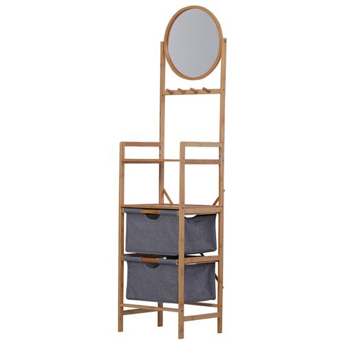 Meuble colonne rangement salle de bain bambou design naturel 41L x 33l x 166H cm 2 étagères, 2 paniers, 4 patères + miroir