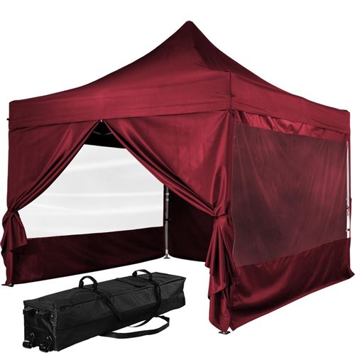 Tonnelle PRO 3x3m, Alu, 4 panneaux inclus, couleur rouge, avec sac de transport à roulettes - INSTENT