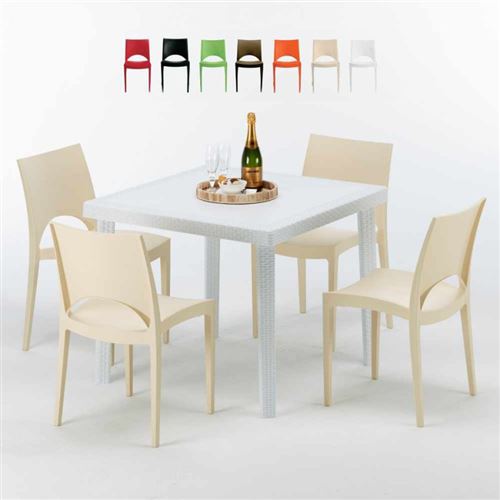 Table Carrée Blanche 90x90cm Avec 4 Chaises Colorées Grand Soleil Set Extérieur Bar Café PARIS LOVE, Couleur: Beige