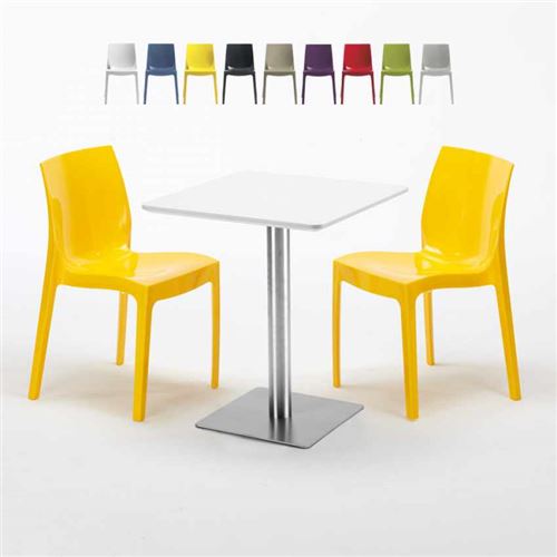 Table carrée 60x60 plateau blanc avec 2 chaises colorées Ice Hazelnut, Couleur: Jaune