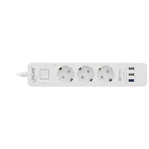 Barrette d'alimentation InLine® 3 ports avec USB QC, 3x type F allemand avec interrupteur et sécurité enfants blanc 1,5 m