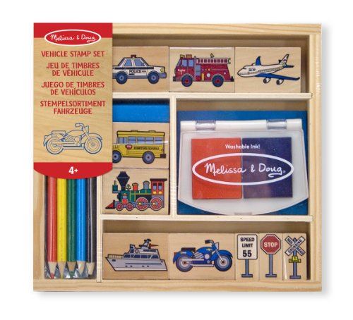 Melissa Doug Set de tampons en bois - 10 tampons, 5 crayons de couleur, tampons encreurs bicolores
