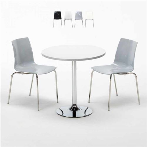 Table Ronde Blanche 70x70cm Avec 2 Chaises Colorées Et Transparentes Set Intérieur Bar Café Lollipop Silver, Couleur: Gris